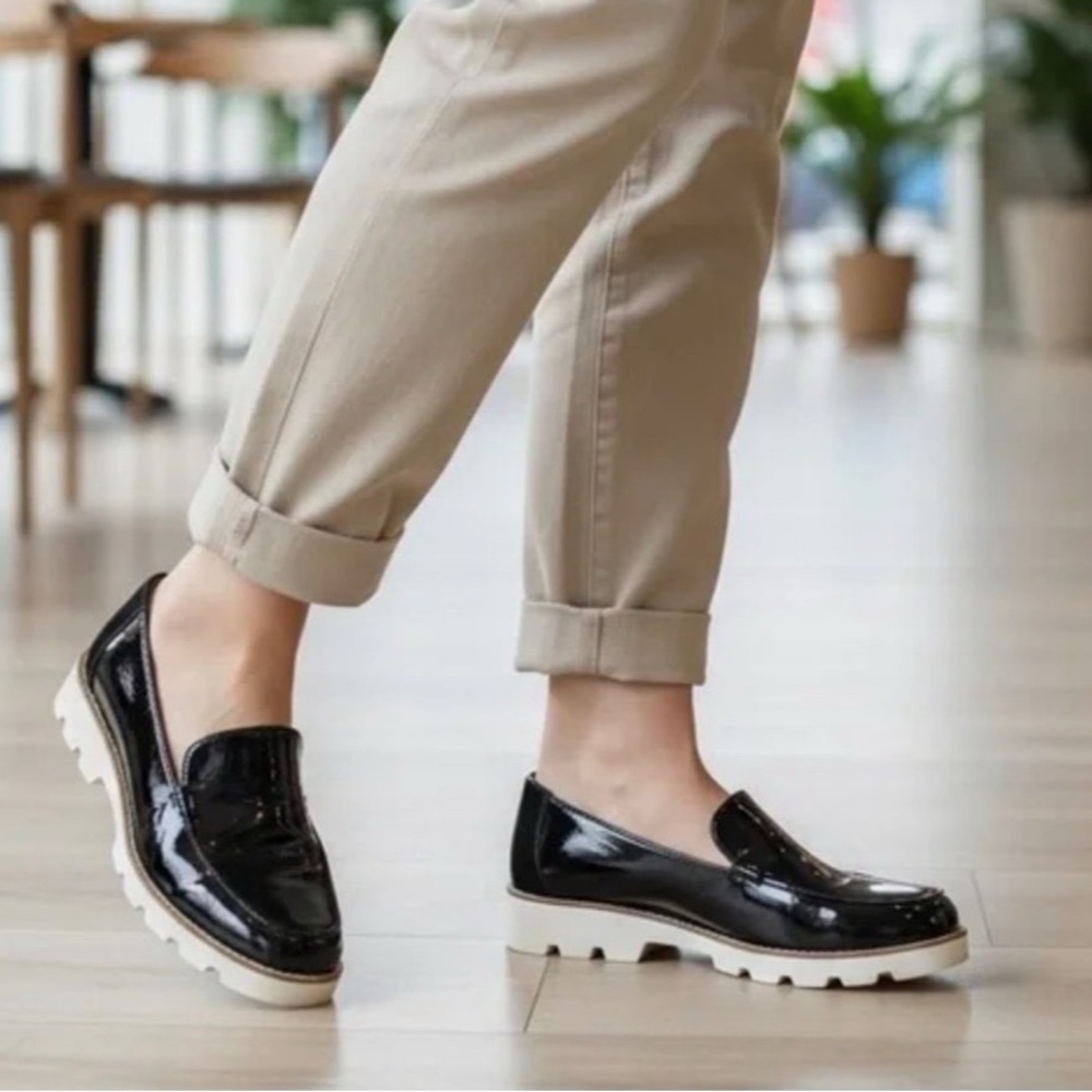 Vionic Black Patent Loafers with White Lug Sole